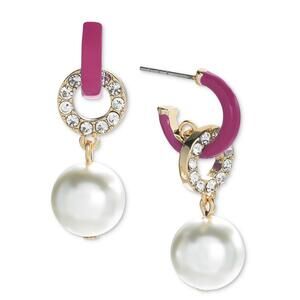Gold-Tone Pavé Ring & Imitation Pearl Charm C-Hoop Earrings